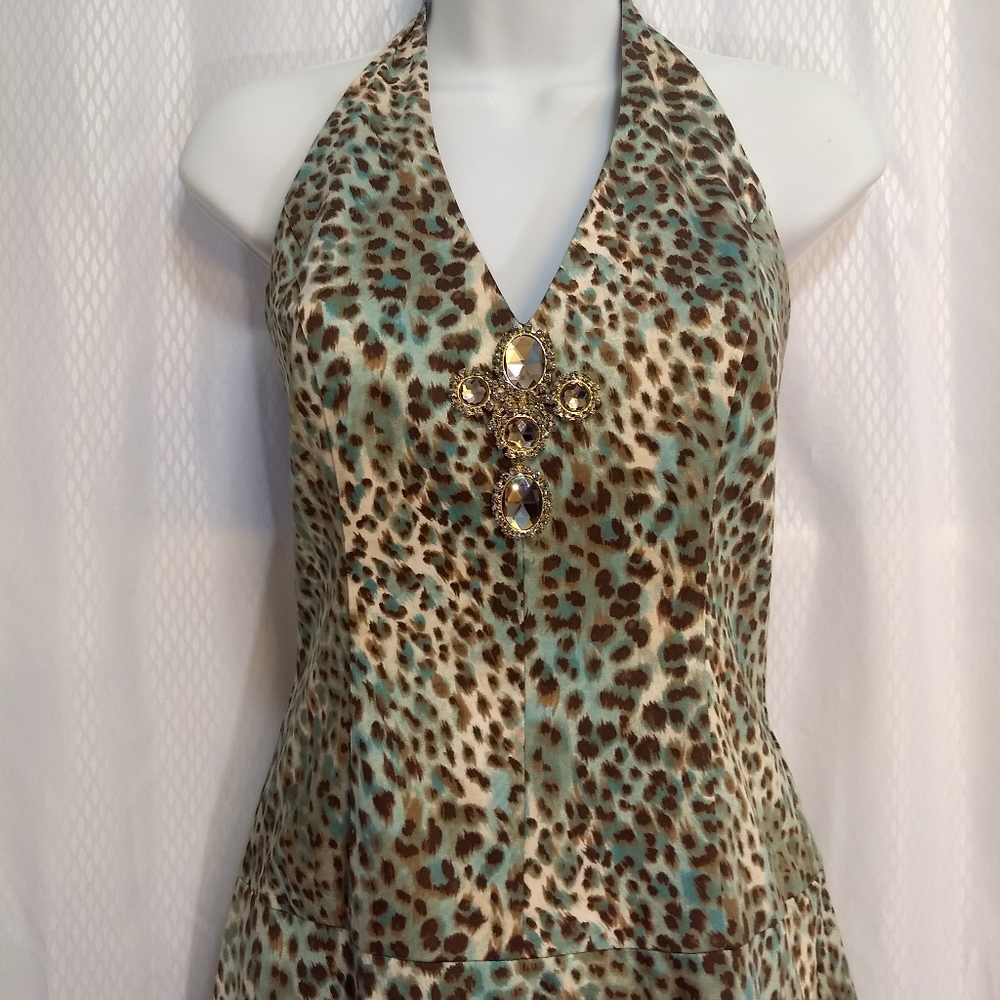 Curtsey Summer Halter-Neck Party Dress, Aqua/Brown/Cream Animal Print, Size 8 - Picture 7 of 15